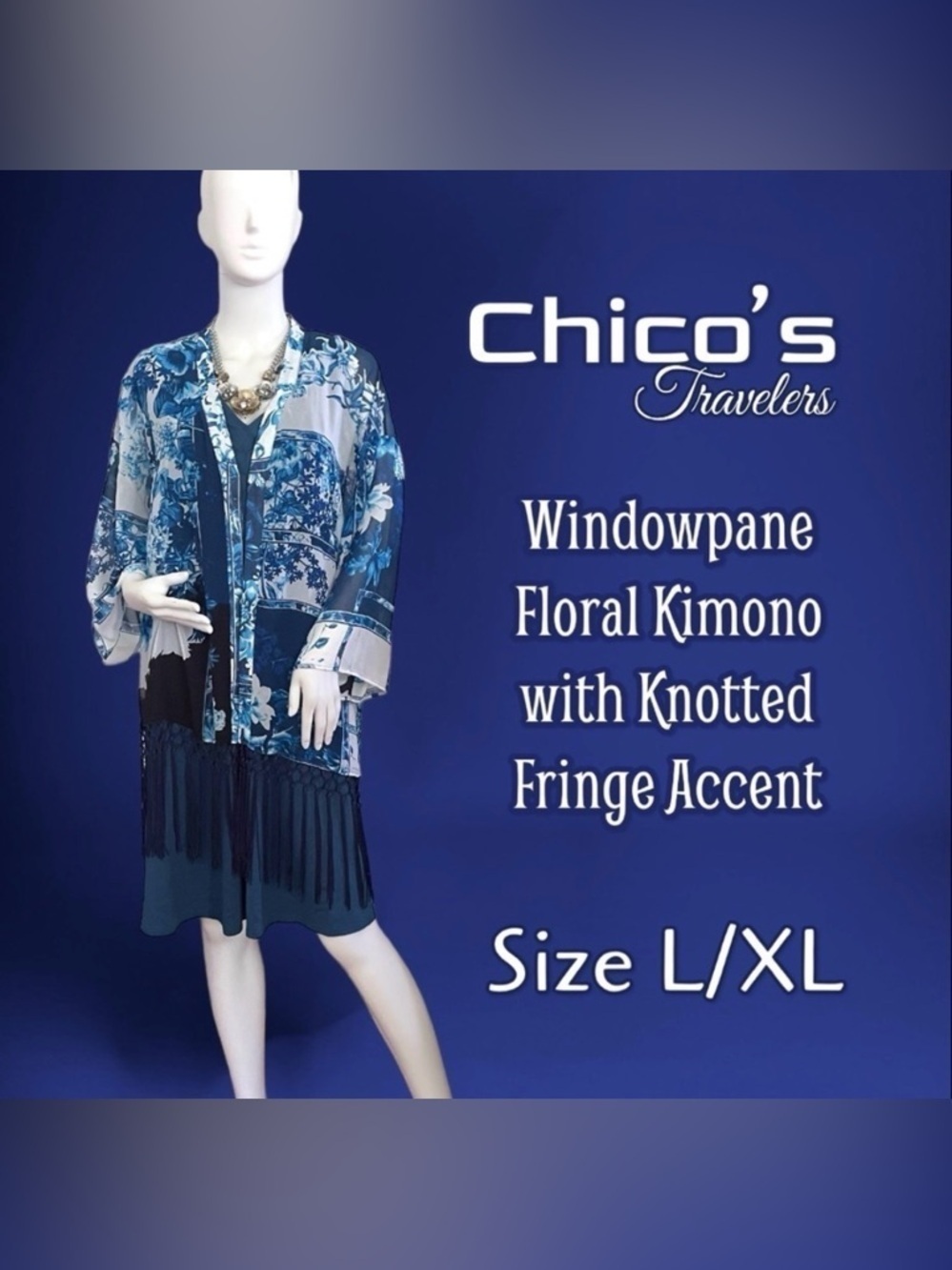 Chico's WindowPane Kimono with Fringe Blue White Floral Size L/XL